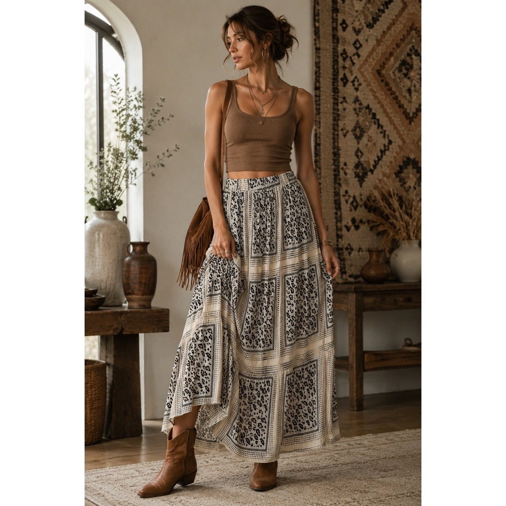 Elastic Waist Artsy Leopard Scarf Print Maxi Skirt Tiered Boho Western Flowy